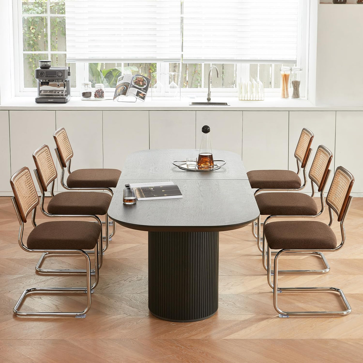 GrandNoor Brown Rattan Dining Chairs Set of 4,Wooden Mid-Century Modern Kitchen Chairs, Mesh Back Cane Dining Room Chairs, Cesca Design Chairs with Metal Chrome Legs GrandNoor