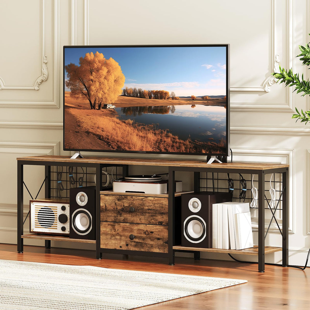 YATINEY TV Stand with Power Outlet for 75 Inch, Entertainment Center with 2 Fabric Drawers, TV Console Table with Open Storage Shelves for TVs, Cable Management, for Living Room, Bedroom, DS16UBR YATINEY