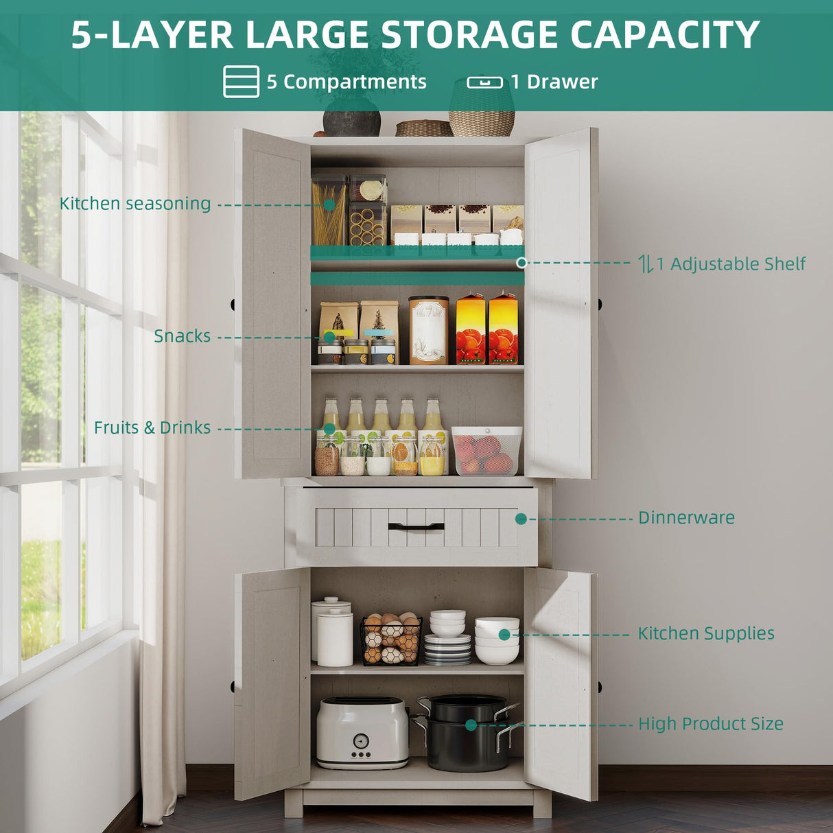 YITAHOME 72" Kitchen Pantry Cabinet, Tall Farmhouse Cupboard Storage Cabinet with Drawer, Doors and Adjustable Shelves for Living Room, Dining Room, White Oak YITAHOME