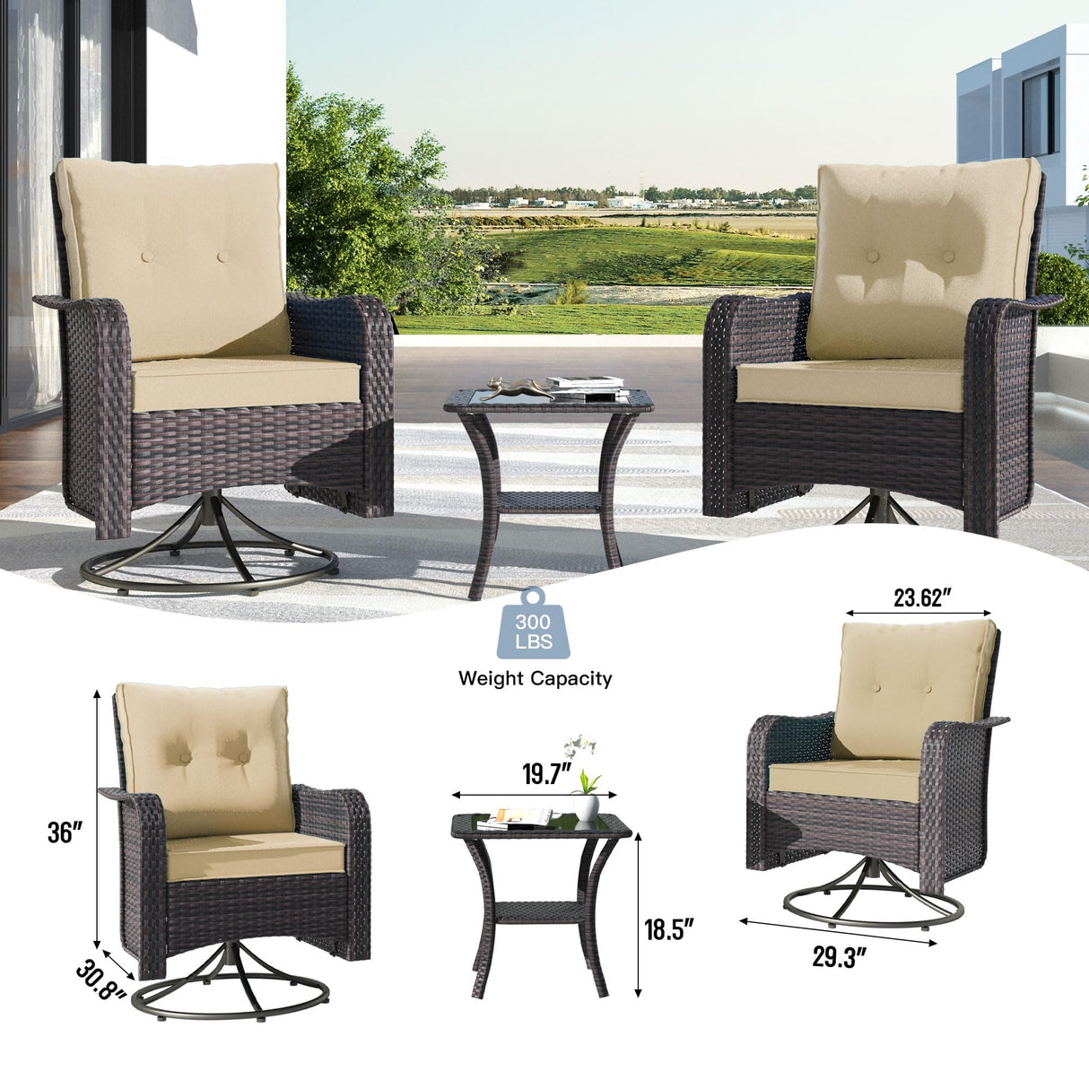 Kullavik 9 Pieces Outdoor Patio Furniture Set,PE Wicker Rattan Sectional Sofa Patio Conversation Sets with Tempered Glass Table,Swivel Rocking Chairs Set,Sand Kullavik