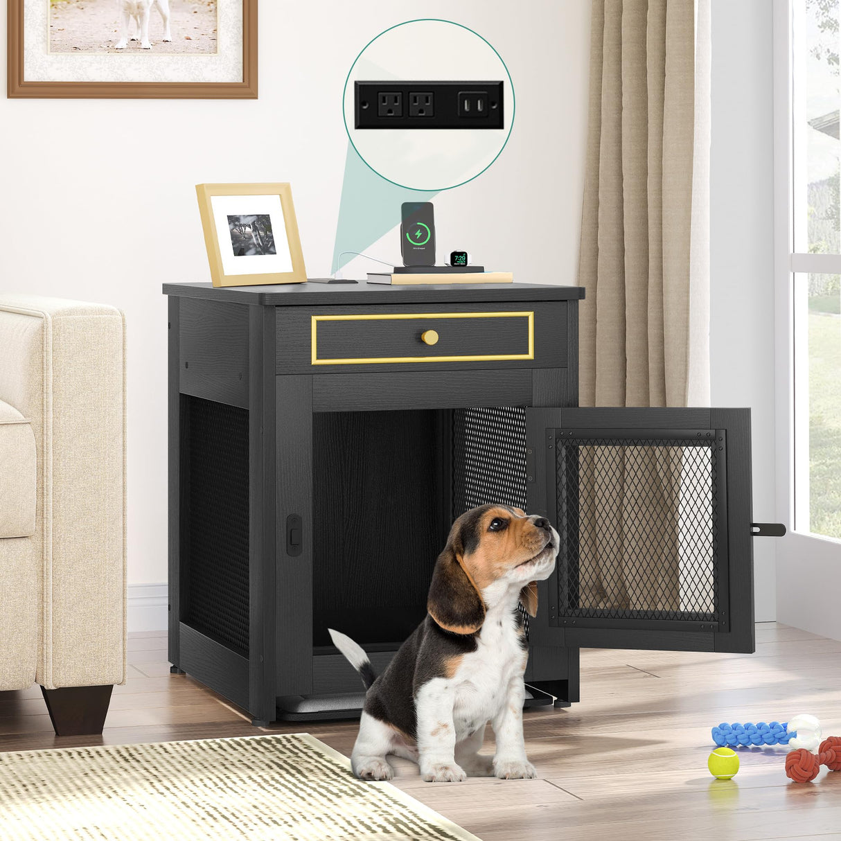 DWVO Dog Kennel Furniture with Dual USB Charger, Dog Crate End Table with Tray, Wooden Dog Crate Furniture with Cushion for Small Dogs, Black DWVO