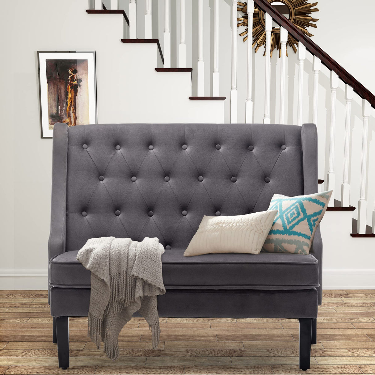 46" Small Modern Loveseat Settee Sofa Linen Fabric 2-Seat Sofa Couch Tufted Love Seat Dining Bench with Back Upholstered Banquette Sofas for Living Room Bedroom Small Space Entryway Steel Grey Tongli