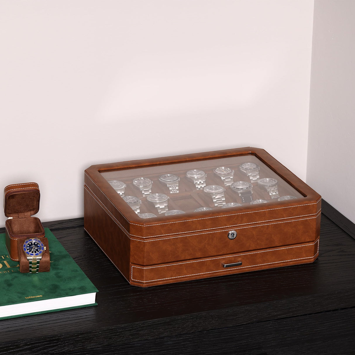 ROTHWELL 18-Slot Watch Case with Drawer – Luxury Watch Box for Men, Real Glass Top, Lockable, Display Case for Collections (Tan/Brown) ROTHWELL