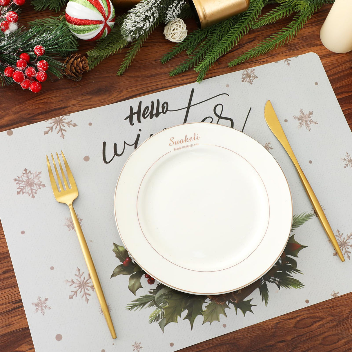Gandeer Set of 6 Rustic Christmas Placemats 17 x 12'' Farmhouse Plastic Place Mats Santa Modern Christmas Placemats Wipeable Washable Vinyl Table Mats for Kitchen Xmas Home Dining Party Decor Gift Gandeer