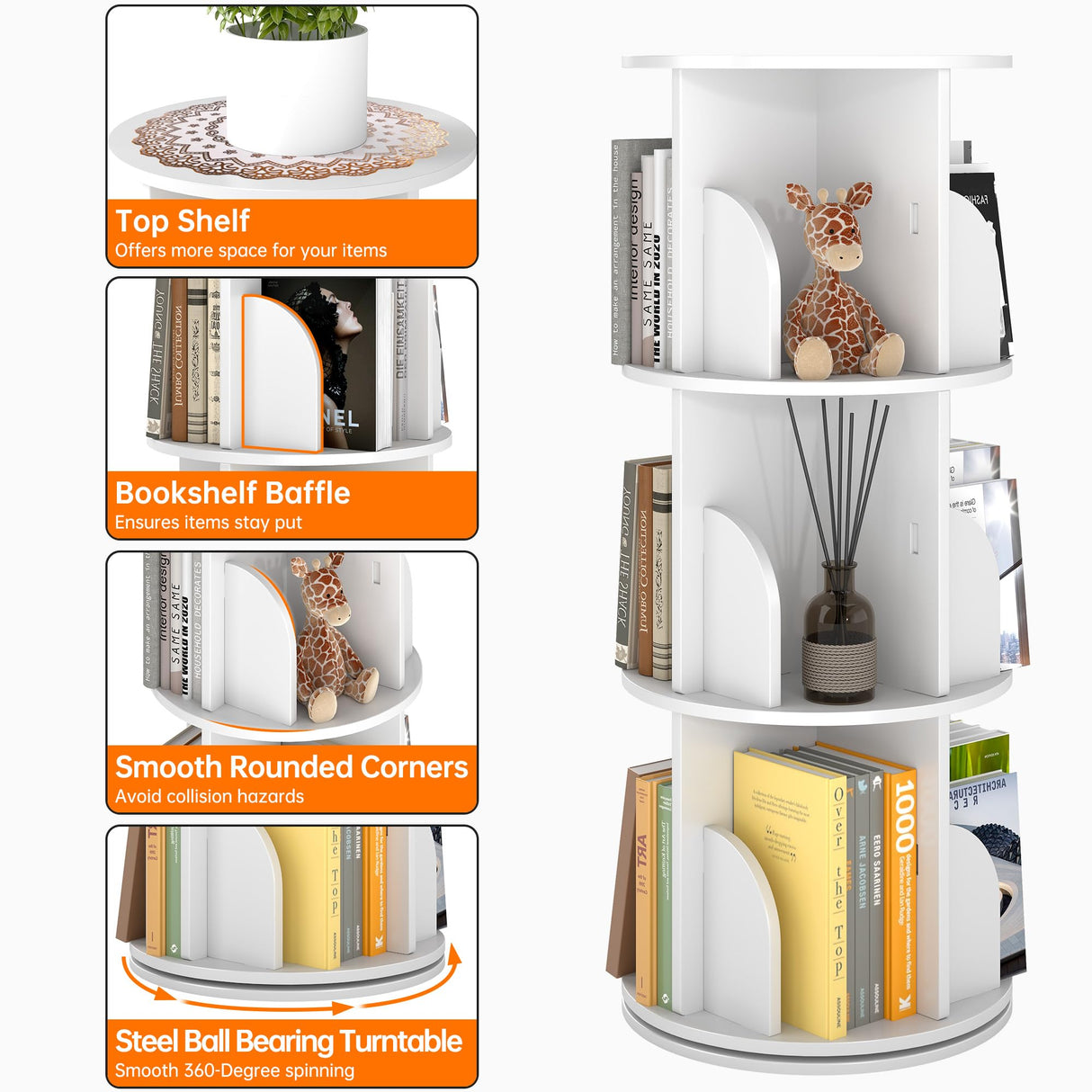 Cuzobro Rotating 3-Tier Bookshelf, 360° Spinning Corner Bookcase with Lazy Susan, White Space Saving Organizer for Study Room, Home Office, Kids Rooms, Bedroom, Adults & Kids Cuzobro