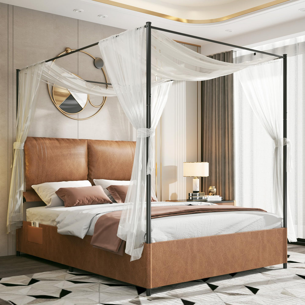 PAUKIN Canopy Bed Frame Queen Size with Upholstered Headboard, Sturdy and Stable, Easy to Assemble, Metal Bar Support, no Spring Mattress Required. (Brown, Queen) PAUKIN