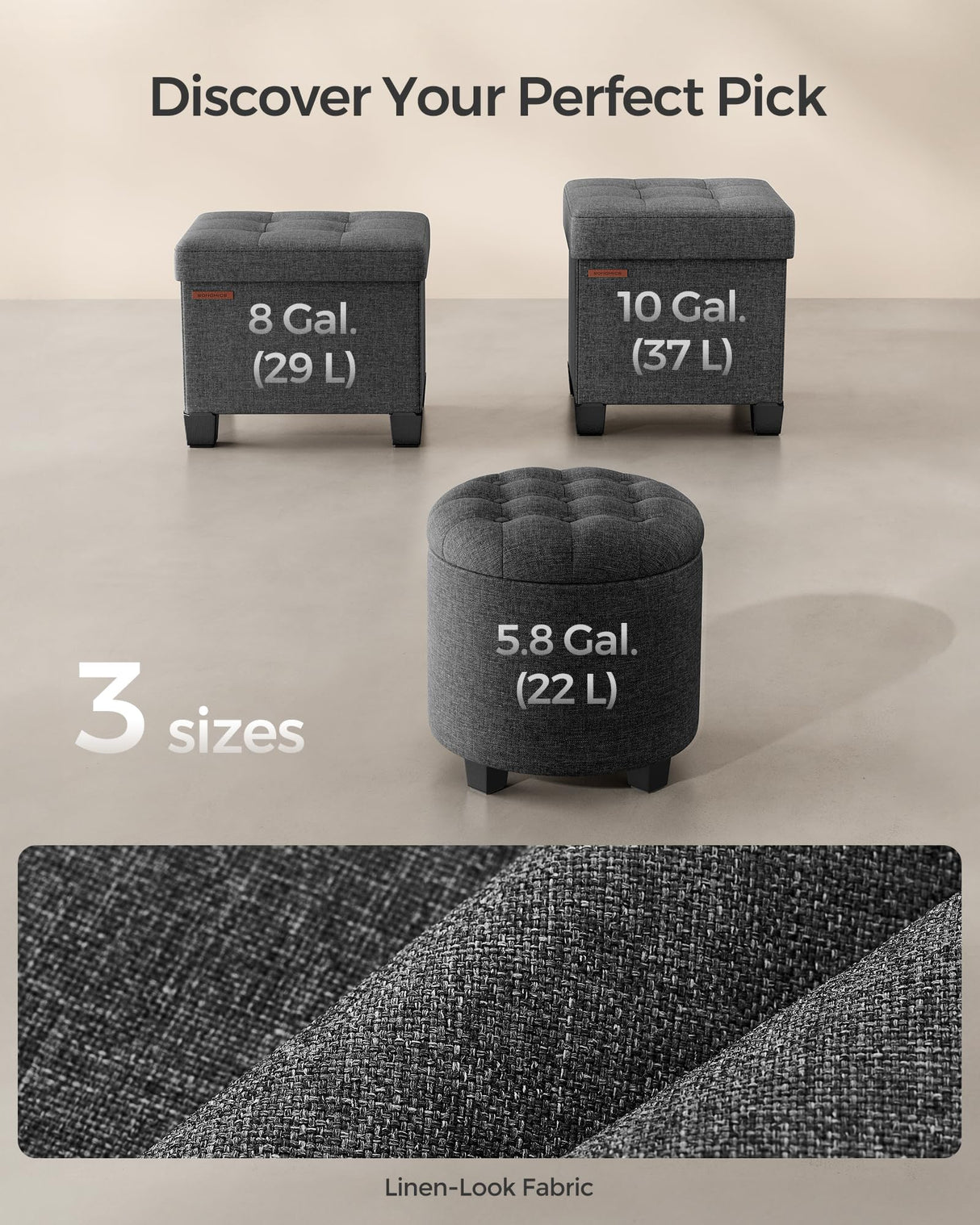 SONGMICS Round Ottoman, Ottoman with Storage, 17.7 Dia. x 17.5 H Inches Foot Rest with Legs, Load up to 330 lb, for Living Room, Bedroom, Dark Gray ULOM011G01 SONGMICS