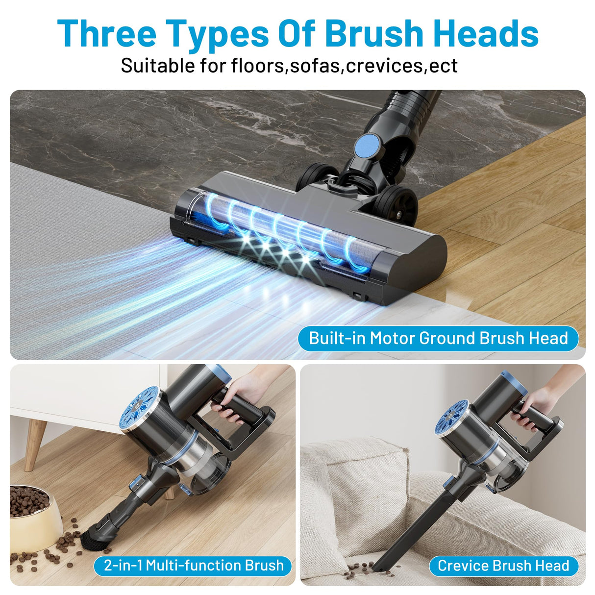 Cordless Vacuum Cleaner with Self-Standing, LED Screen Stick Vacuum Cleaners for Home, Lightweight Powerful Suction Vacuum, 6-in-1 Rechargeable Vacuum for Carpets, Pet Hair, Hardwood Floors VIPSUN