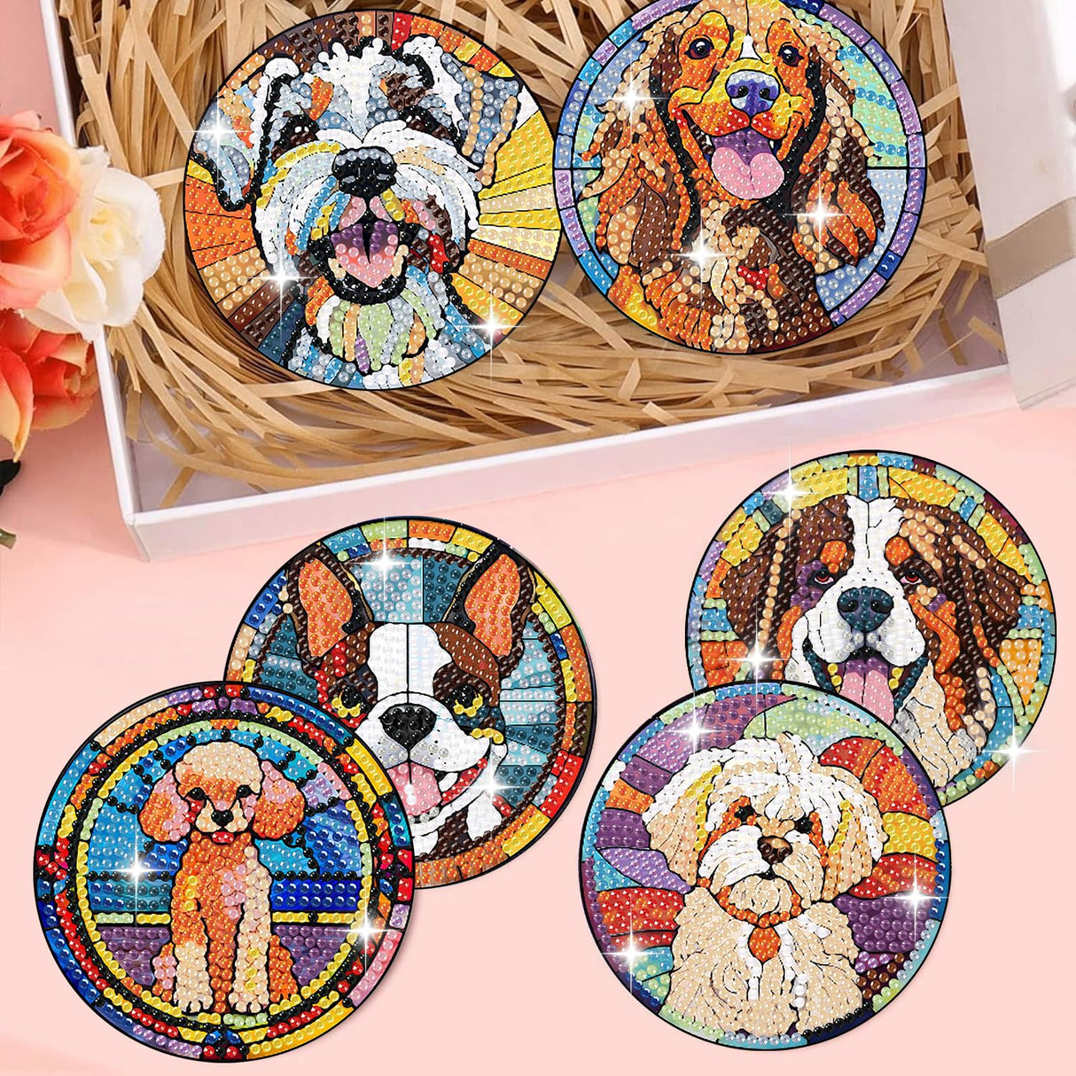Zythron 8 PCS Dog Diamond Art Coasters Diamond Painting Coasters Kits with Holder Dog DIY Coaster for Beginners, Adults, Diamond Art Crafts Supplies 4x4 in Zythron