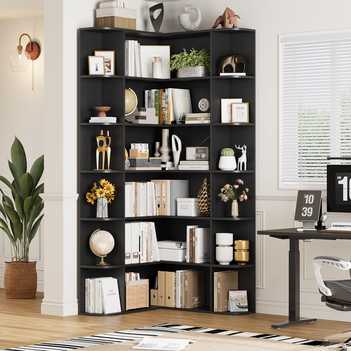 FOTOSOK 74” Tall Corner Bookshelf, 6-Tier Bookshelf and Bookcase with Open Storage, L Shaped Tall Bookcases Wooden Storage Shelves for Home Office, Thickened Boards for Better Load Bearing, Black FOTOSOK