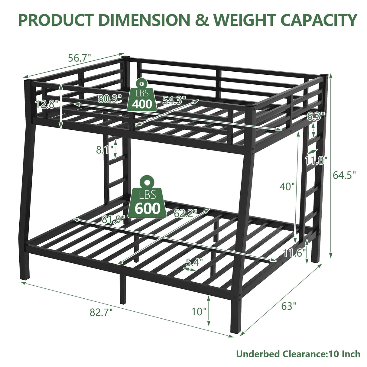 CAPCAEK Heavy Duty Metal Bunk Bed Full XL Over Queen Bunk Bed Frame for Adults, Bunkbeds with 2 Ladder, Noise Free Frames,No Boxing Spring Needed (Under-Bed Clearance 10", Full XL Over Queen Bunk) CAPCAEK
