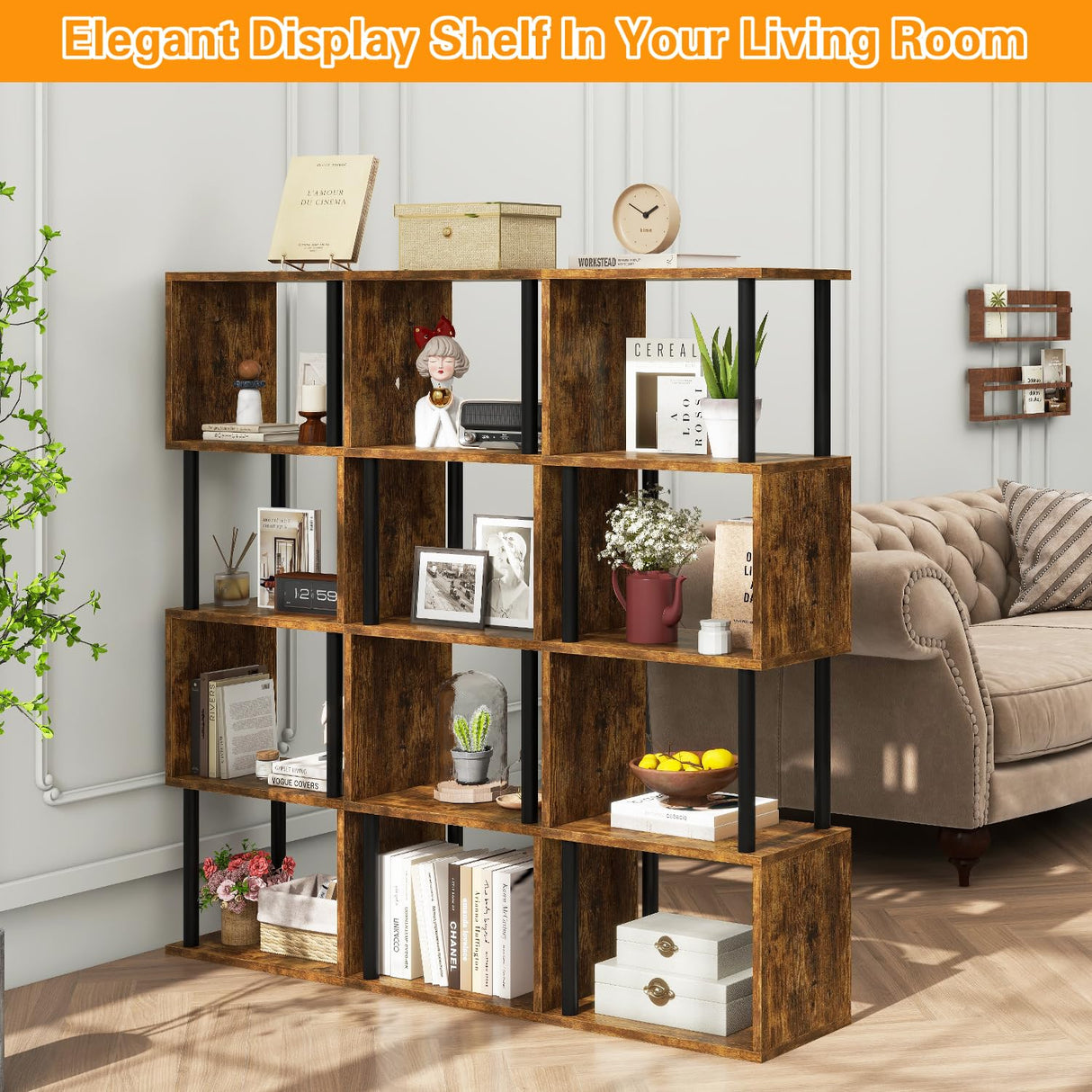 IBUYKE 5-Tier Tall Bookshelf,S-Shaped Geometric Bookcase, Wood Display Shelves with Storage,Industrial Bookshelf for Living Room Bedroom, Home Office, Rustic Brown WBC015H IBUYKE