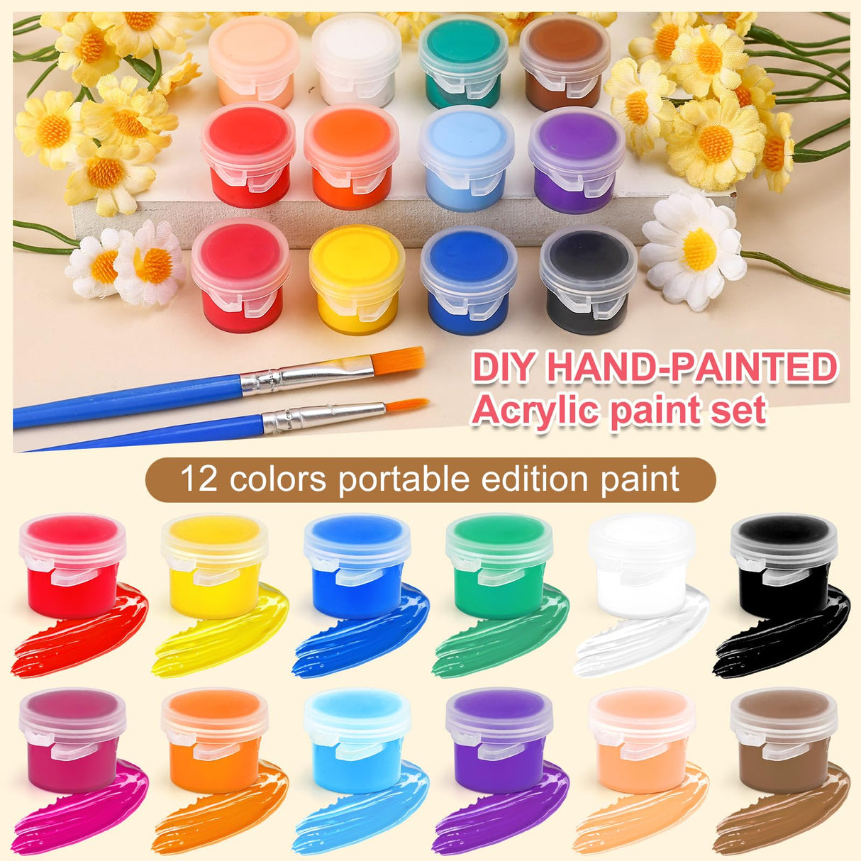 CHANGTIKEJI 23 PACK Washable Acrylic Paint for Kids Arts and Crafts, 23 Gouache Watercolor Paint Sets of 12 Colors for Party Classroom Painting Supplies, 23 Flat and 23 Pointed Brushes CHANGTIKEJI