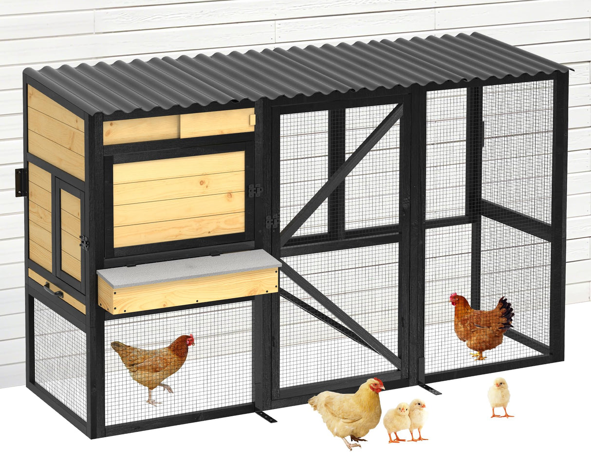 TRYKERPET Chicken Coop for 2-4 Chickens, Three-Sided Wooden Chicken Coop, Chicken House with Nesting Box, 5 Doors, Pull-Out Tray, Suitable for Backyard, Black&Yellow TRYKERPET