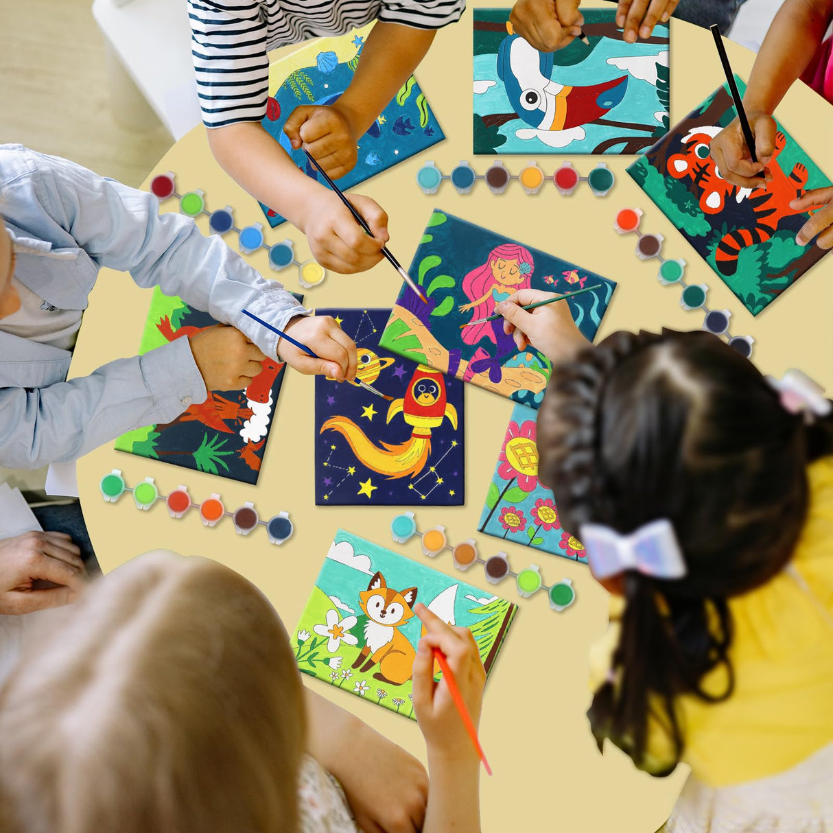 8 Packs Predrawn Canvas for Painting Kids Paint Canvas for Kids, 48 Paints, 8 Brushes 2 Easels, 8 6x8 Printed Canvas for Girls Boys and Beginners goldentime