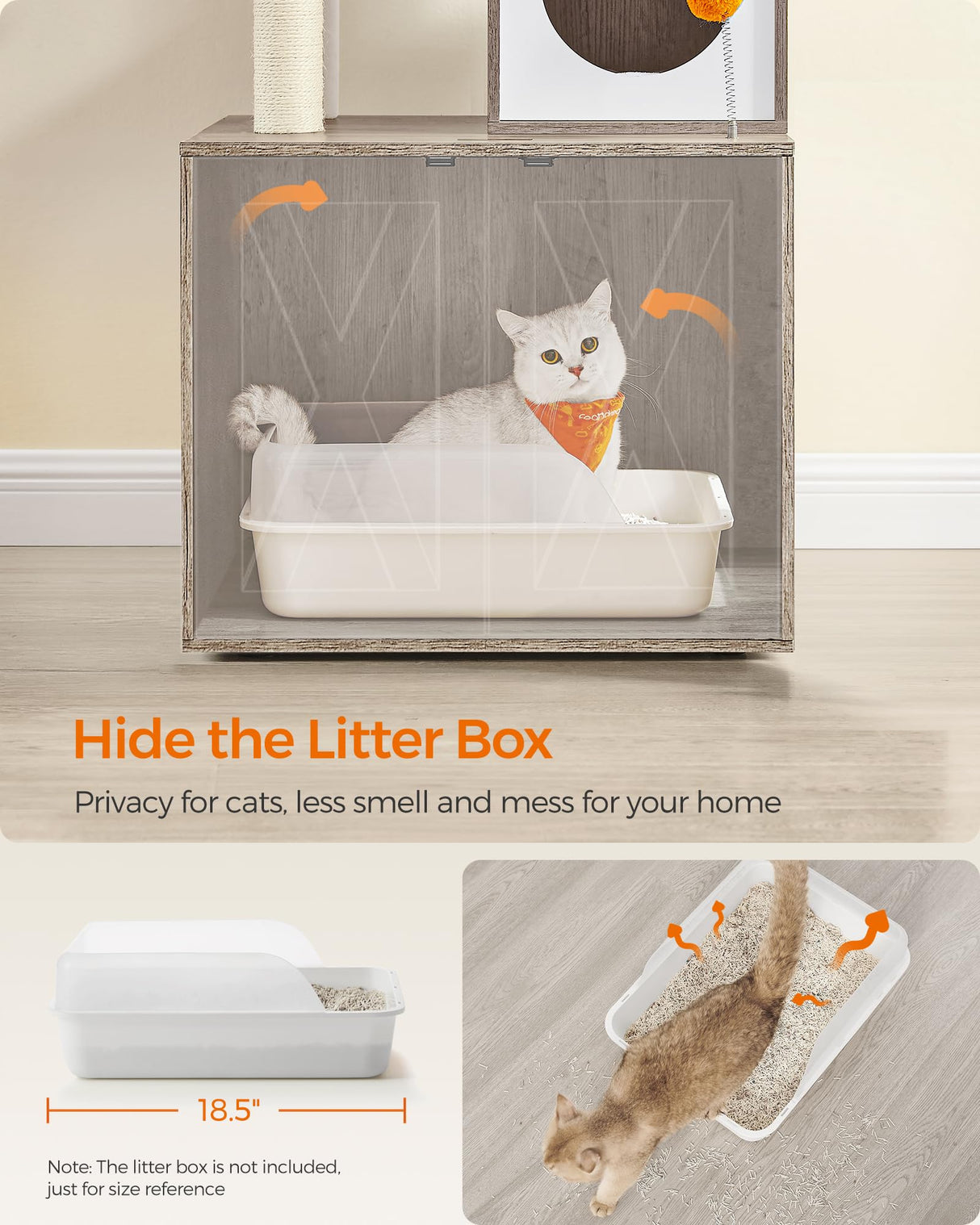 Feandrea Cat Tree with Litter Box Enclosure, 2-in-1 Modern Cat Tower, 72.8-Inch Tall Cat Condo with Scratching Posts, Perch, Caves, Basket, Washable Cushions, Heather Greige UPCT116G01 Feandrea