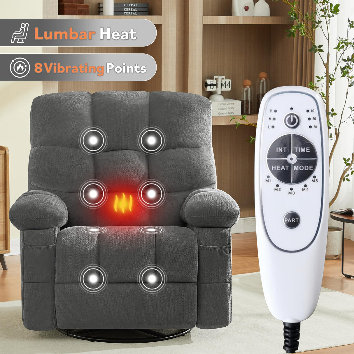 MAHOMICO Swivel Rocker Recliner Chair with Vibration Massage and Heat for Living Room with Rocking Function and Side Pocket, USB Charge Port,Nursery MAHOMICO