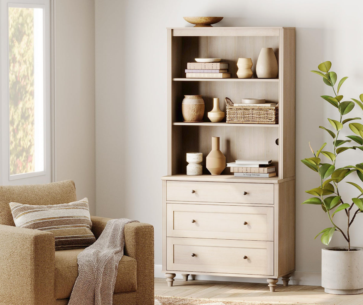 WAMPAT 3 Tier Bookshelf with 3 Drawers, 72" Tall Bookcase Large Farmhouse Display Book Case Shelf with 3-Tier Open Book Shelfs,Library Wood Bookshelves for Living Room,Kitchen, Light Oak WAMPAT