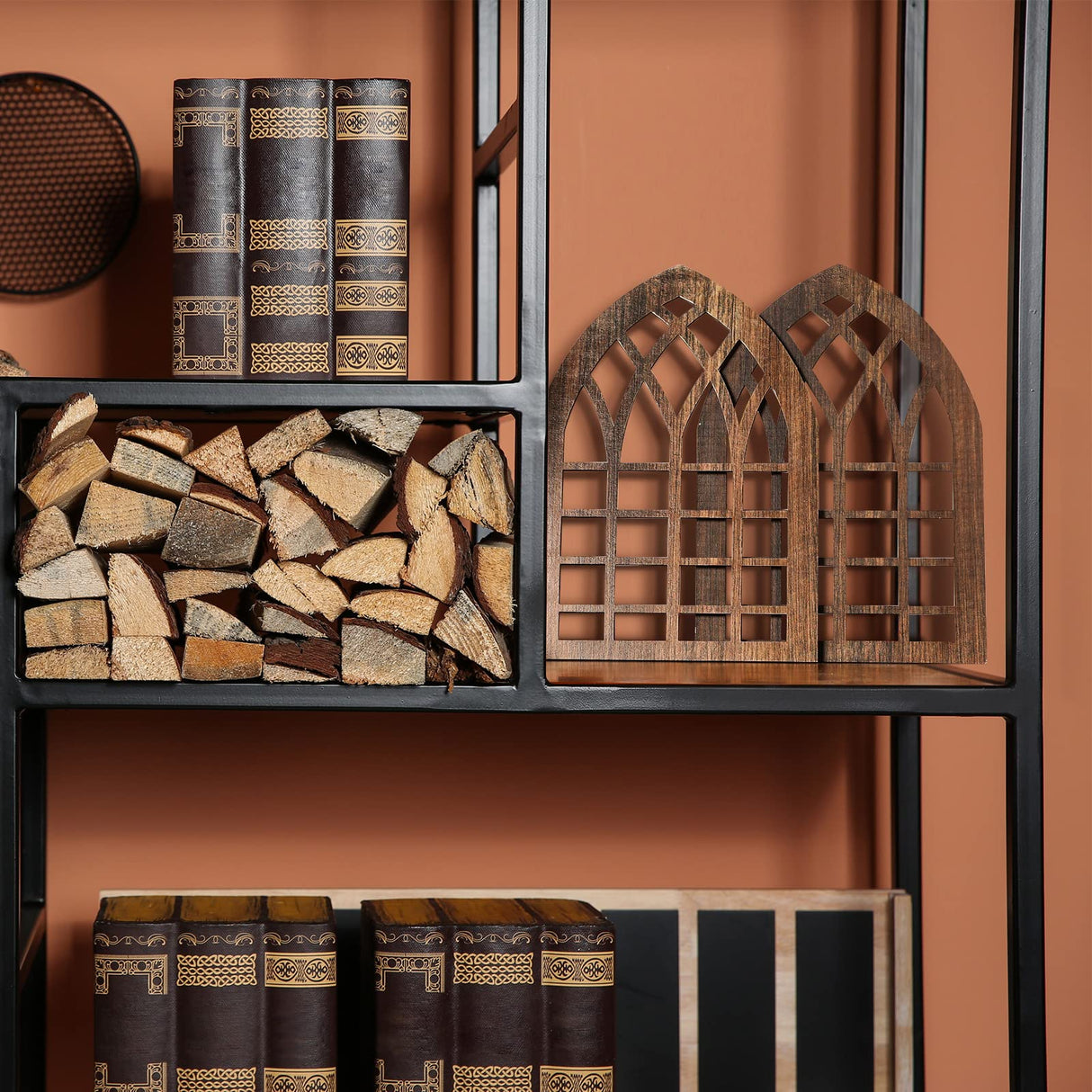 Yulejo 2 Pcs Rustic Window Frame Wall Decor Wooden Farmhouse Wall Decor 15.75'' x 11'' Arched Cathedral Window Home Decor Fake Window Pane Wall Art for Entryway Living Room Bedroom(Dark Brown) Yulejo