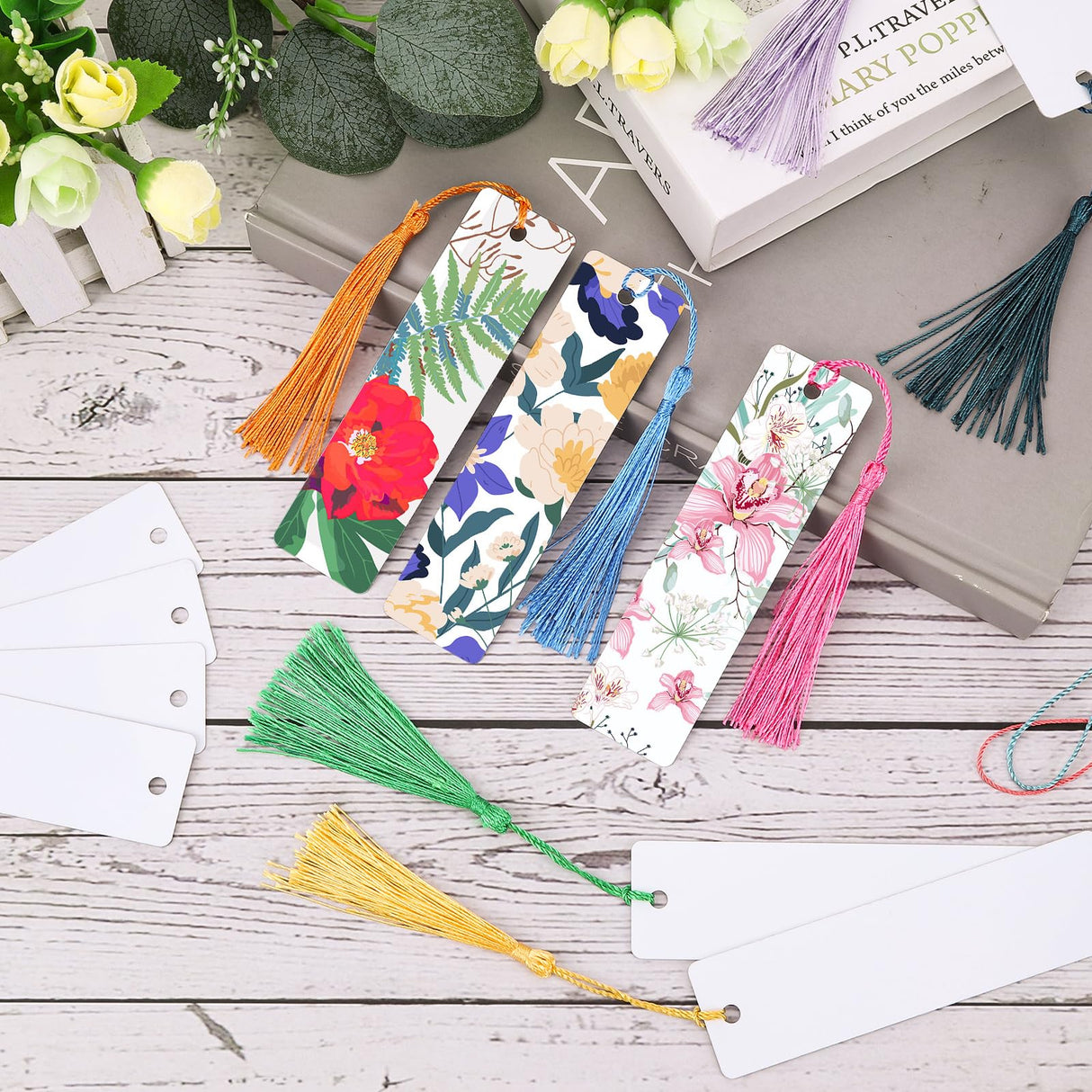 50 Sets Sublimation Blank Bookmarks with Clear Bookmark Sleeves Tassels and Self-Sealing Bags, Heat Transfer Metal Aluminum DIY Bookmark with Hole for Crafts Reading School Office Supplies BOBOKA