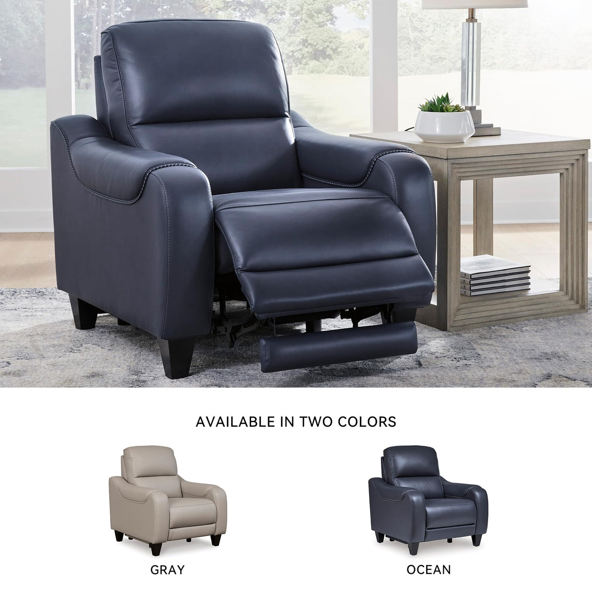 Signature Design by Ashley Mercomatic Contemporary Leather Match Wall Hugger Power Recliner with Adjustable Headrest and USB Ports, Blue Signature Design by Ashley