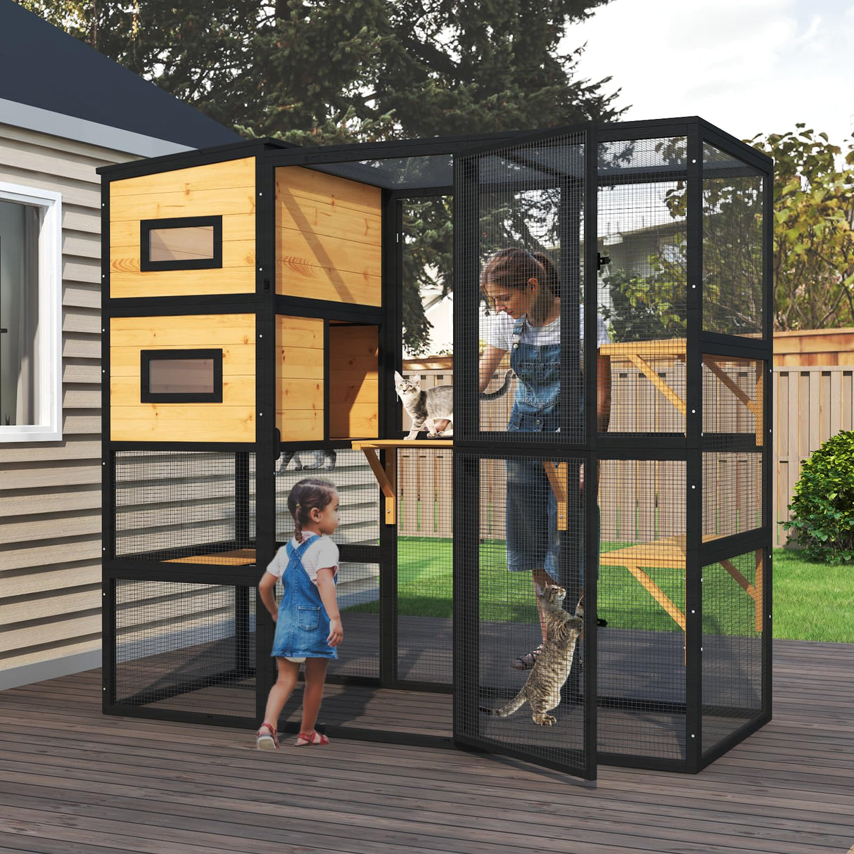 TIMHAKA Catio Outdoor Cat Enclosure, Large 4 Tiers Cat Catio Connect to Window for Outdoor Indoor Cats with Weatherproof Roof, Resting Rooms, Platforms, Large Door, 76" L x 32.9" W x 70.8" H, Black TIMHAKA