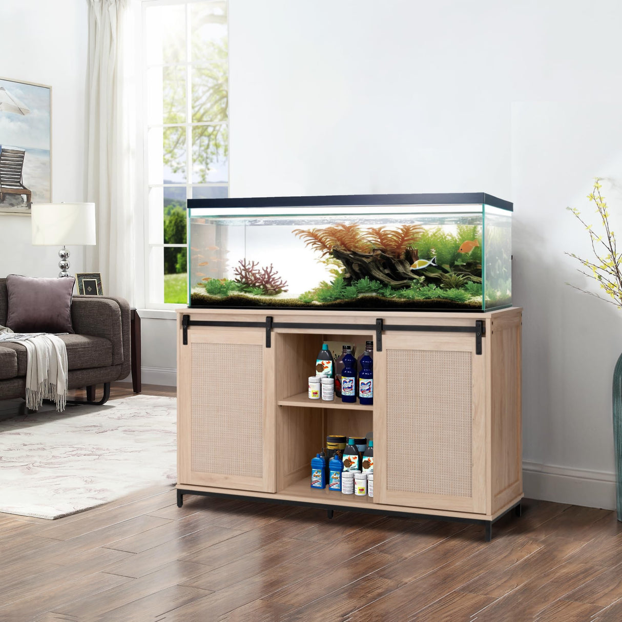 unipaws 50-70 Gallon Fish Tank Stand with Sliding Barn Door, Heavy-Duty Metal Frame Aquarium Stand with Cabinet, Reptile Tank Stand unipaws