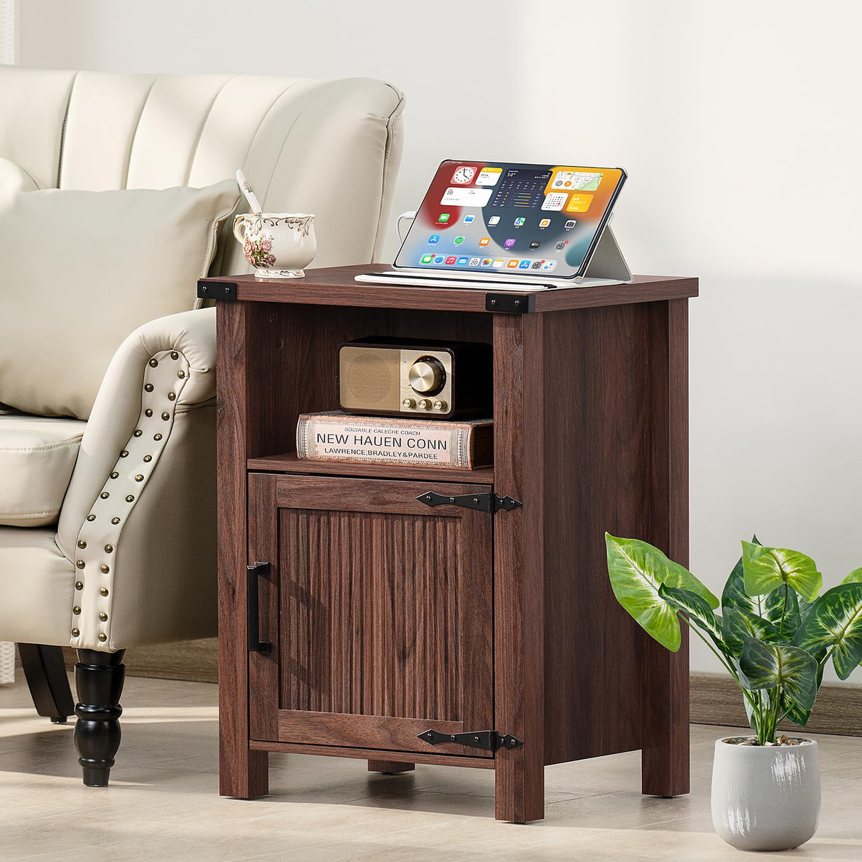 Joaxswe Night Stand Set of 2, 18 Inch Farmhouse Nightstand with with Charging Station and USB Port, Rustic Wood Bedside Table with Magnetic Door, Bed Side Tables for Bedroom, Brown Walnut Joaxswe