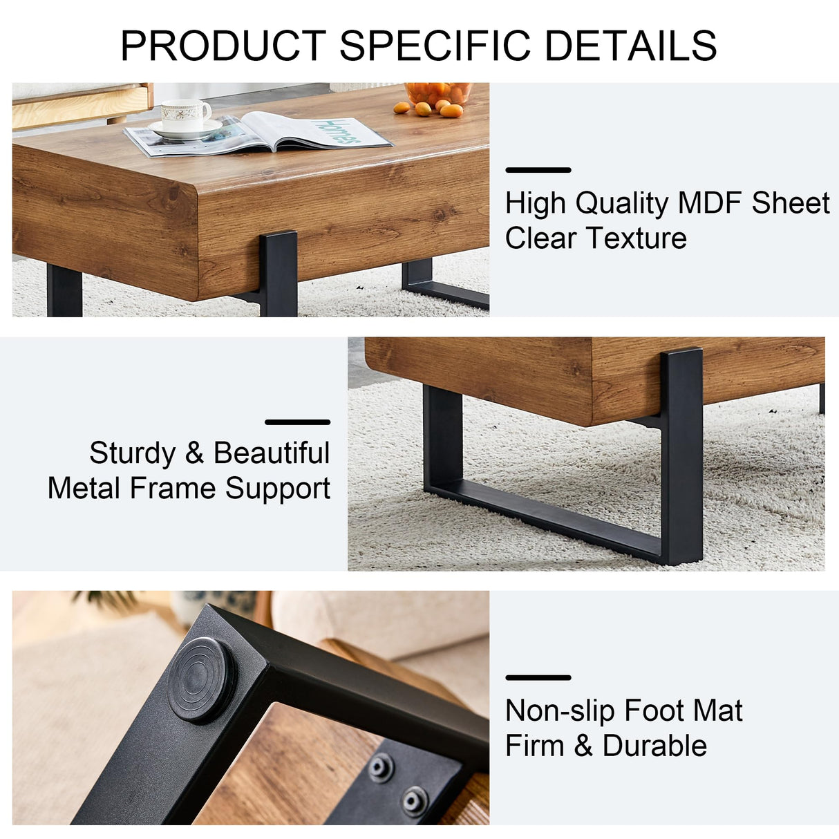 BFJDM 47.24'' Rustic Rectangle Coffee Table MDF Desktop with Metal Legs for Living Room Dining Room Bedroom Office BFJDM