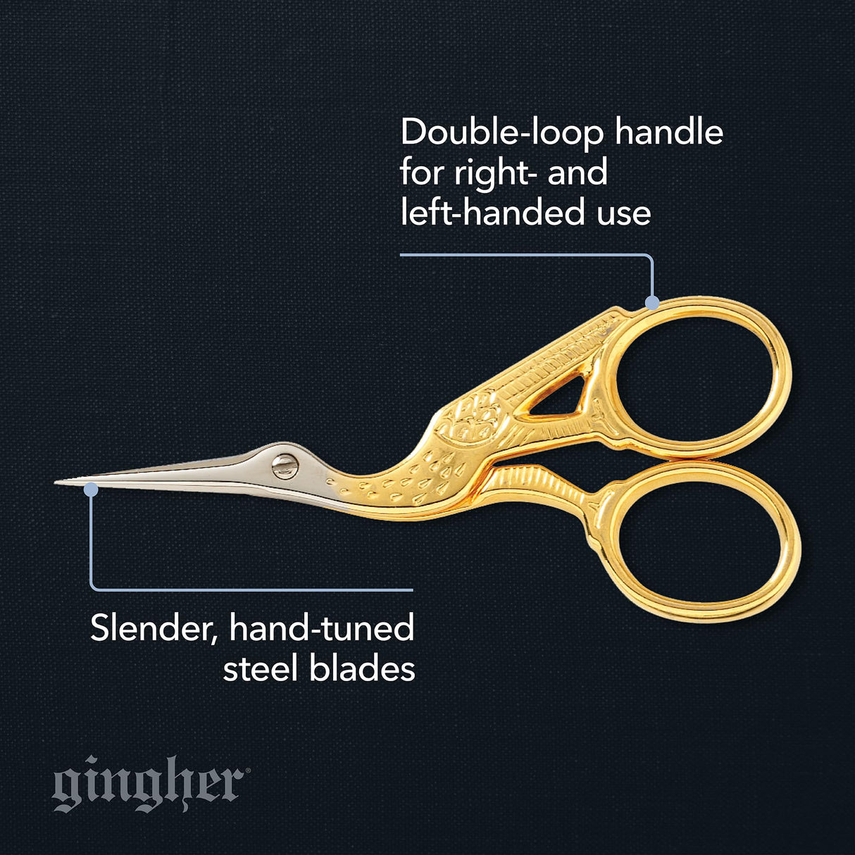 Gingher Stork Embroidery Scissors and Leather Sheath - 3.5" Craft Scissors for Fabric, Thread, and Needlework Yarn Cutting - Gold Fiskars