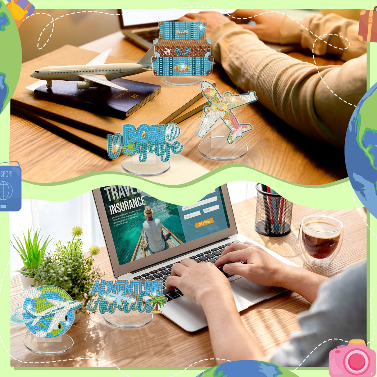 Kosiz 9 Pcs Travel Diamond Art Tabletop Decorations Adventure Awaits Diamond Painting Kits for Adults Double Sided Acrylic Travel Bon Voyage Centerpieces for Table Desktop DIY Crafts Home Party Gifts Kosiz