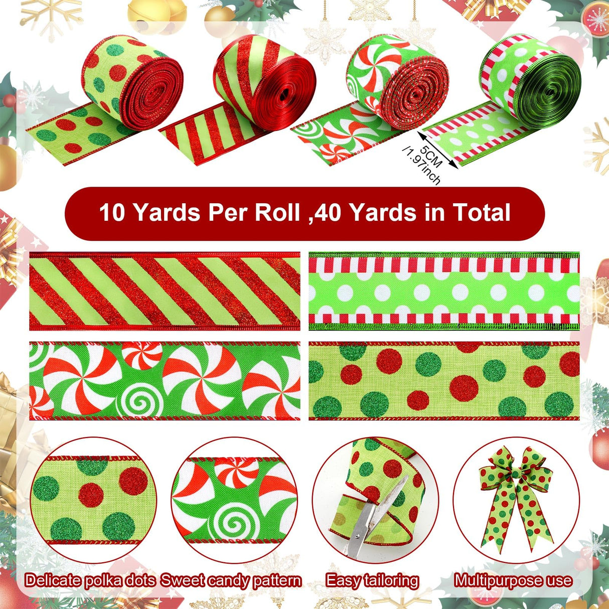 Riceshoot 4 Roll 40 Yards Christmas Wired Ribbon 1.97 Inch Red and Green Christmas Wrapping Ribbon Wide Wired Edge Polka Dot Glitter Stripe Decor for Xmas Holiday Wreath Bow Xmas Tree DIY Craft Riceshoot