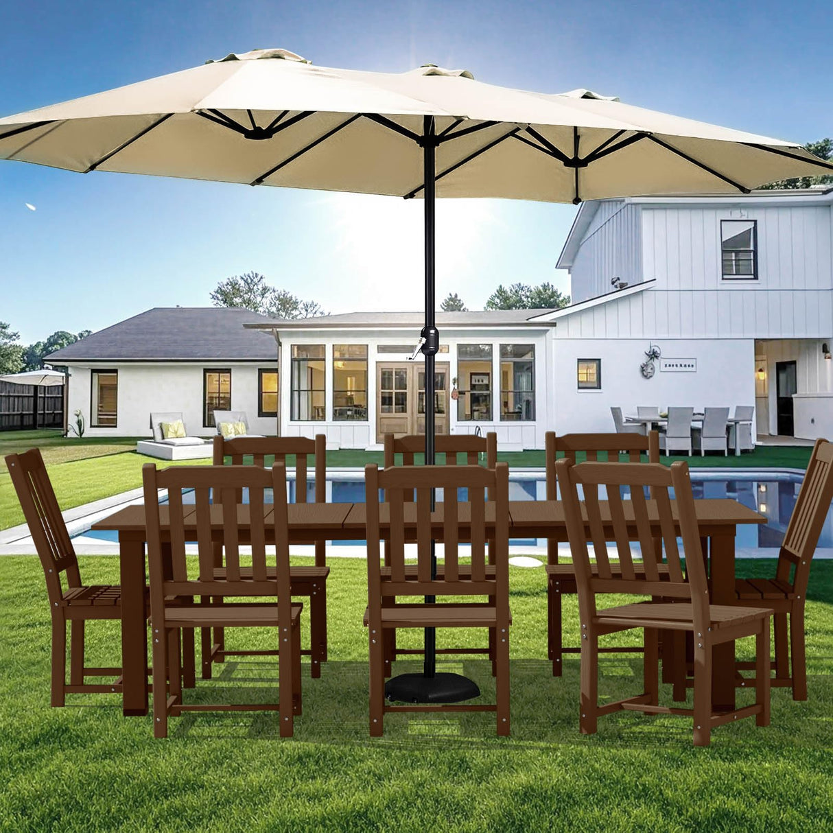 LOUNZY 9 Pieces Patio Dining Sets, Outdoor HDPE Furniture Set for 8 w/ 2" Hole Cut-Out Dining Table with 8 Patio Chairs(2 W/Armrest, 6 w/o Armrest), Brown LOUNZY
