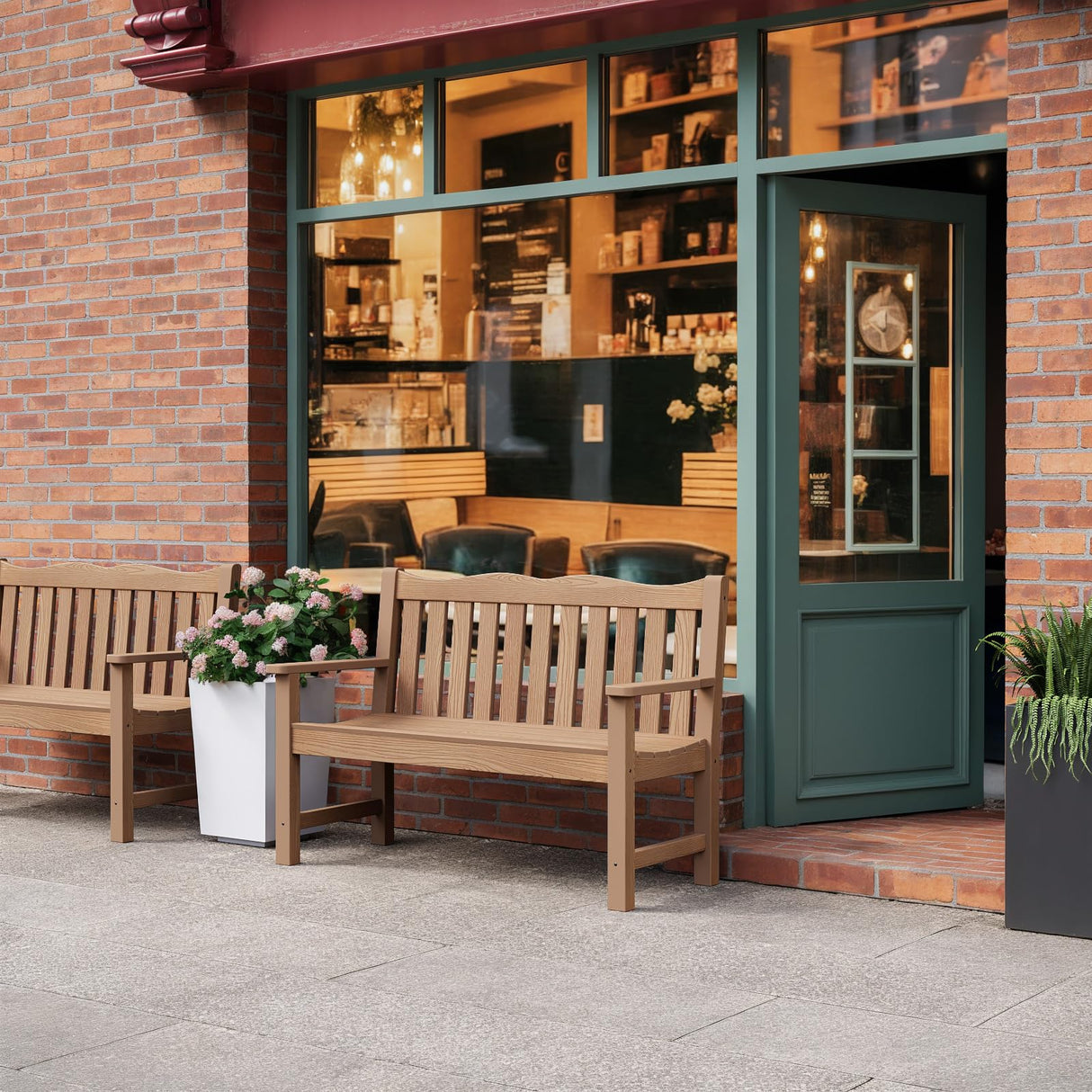 Outdoor Bench, 2-Person Poly Lumber Garden Bench, All-Weather Outside Bench with 800 lbs Weight Capacity, Never Rot or Fade, Looks Like Real Wood, Teak Stoog