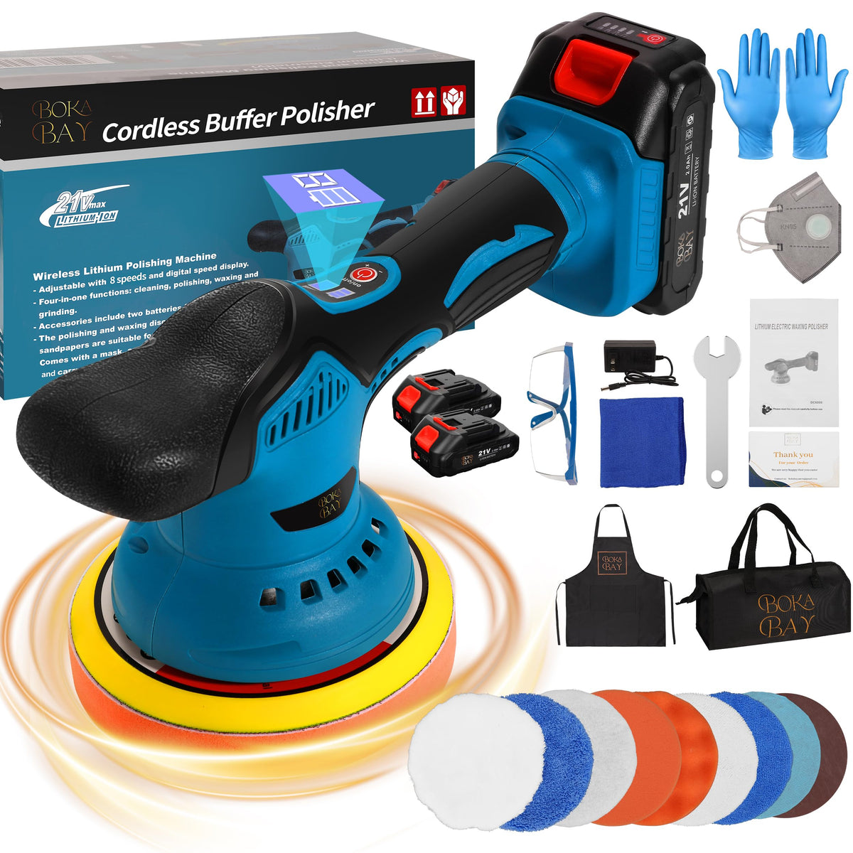 Boka Bay Cordless Car Buffer Polisher Kit with 21V 2x2000mAh Batteries & 9 Pcs Attachments, Car Polisher with 8 Variable Speed 2800-5500RPM, Orbital Polisher for Detailing, Sanding, Scratch Removing Boka Bay