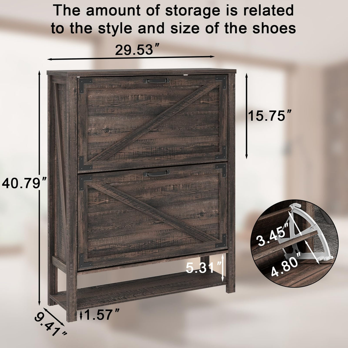 Vabches Shoe Cabinet with 2 Flip Drawers, Farmhouse Shoe Storage Cabinet for Entryway, Wood Narrow Shoe Rack Cabinet with Open Shelf, Slim Hidden Shoe Cabinet, Rustic Dark Oak Vabches