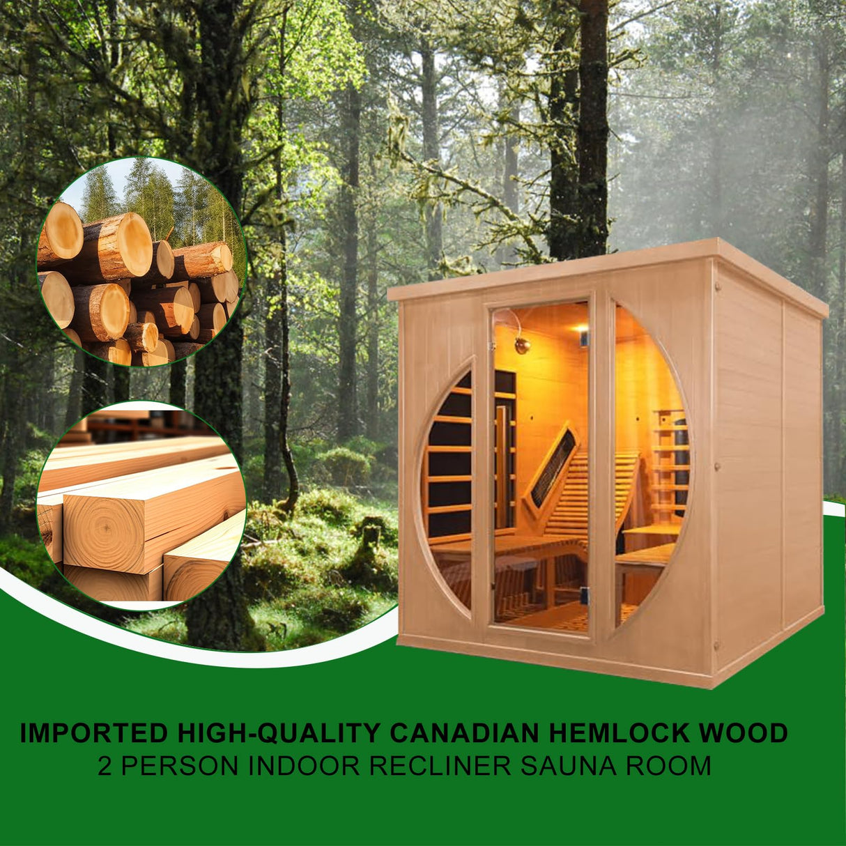 Smartmak Far Infrared 2 Person Recliner Sauna Room, Indoor Canadian Hemlock Sauna Room, Ceramic Tube and Carbon Crystal Heating Panel, 7 Color Light, Oxygen Bar, Bluetooth Speaker (220V, 3400W) Smartmak