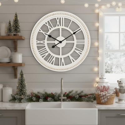 RiteSune 24 Inch Large Farmhouse Wall Clock, Rustic Wall Clock Decor, Wooden, Non-Ticking, Easy to Hang for Living Room, Bedroom, Kitchen