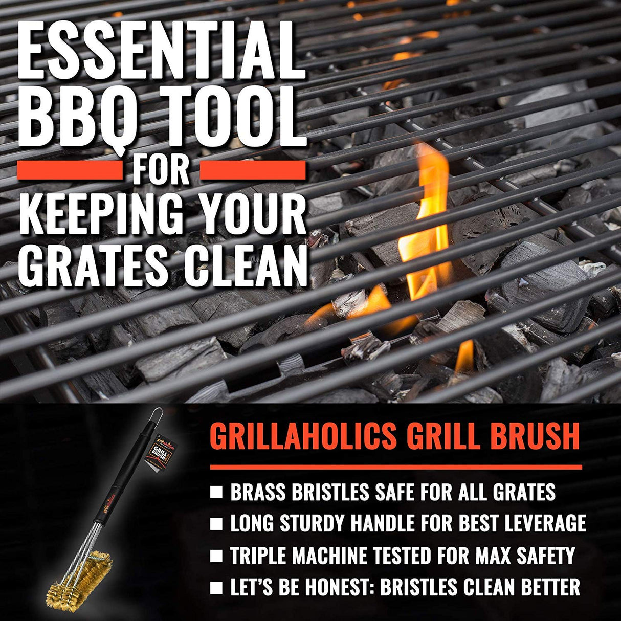 Grillaholics Essentials Brass Grill Brush - Softer Brass Bristle Wire Grill Brush for Safely Cleaning Porcelain and Ceramic Grates - Lifetime Manufacturer's Warranty Grillaholics