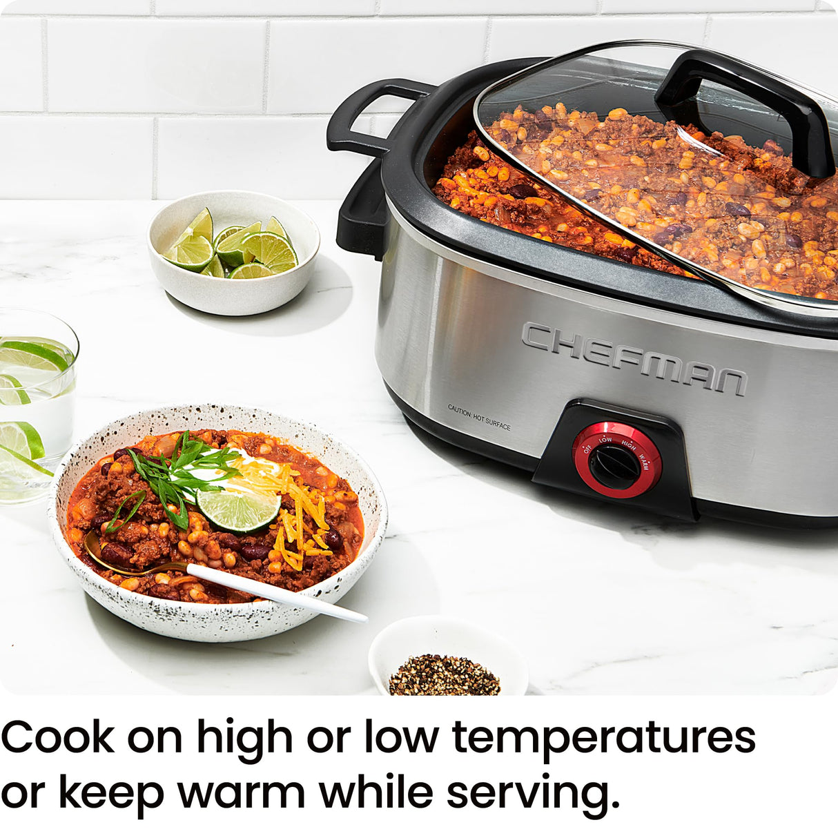 Chefman 6-Quart Slow Cooker, Electric Countertop Cooking, Stovetop & Oven-Safe Removable Insert for Browning & Sautéing, Family-Size Soups & Stews, Nonstick & Dishwasher-Safe Interior,Stainless Steel Chefman