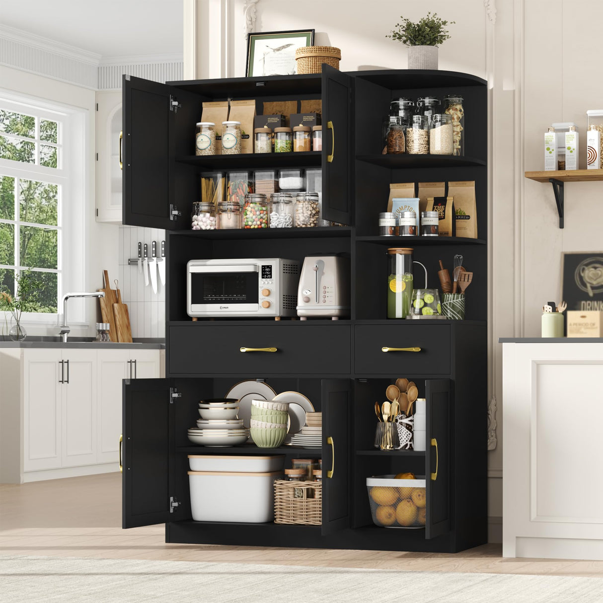 BOTLOG 67" Kitchen Pantry Cabinet, Modern Kitchen Hutch with 5 Doors and 2 Drawers, 3-Tier External Shelf, Large Pantry Storage Cabinet with Microwave Stand for Dining Room, Black BOTLOG