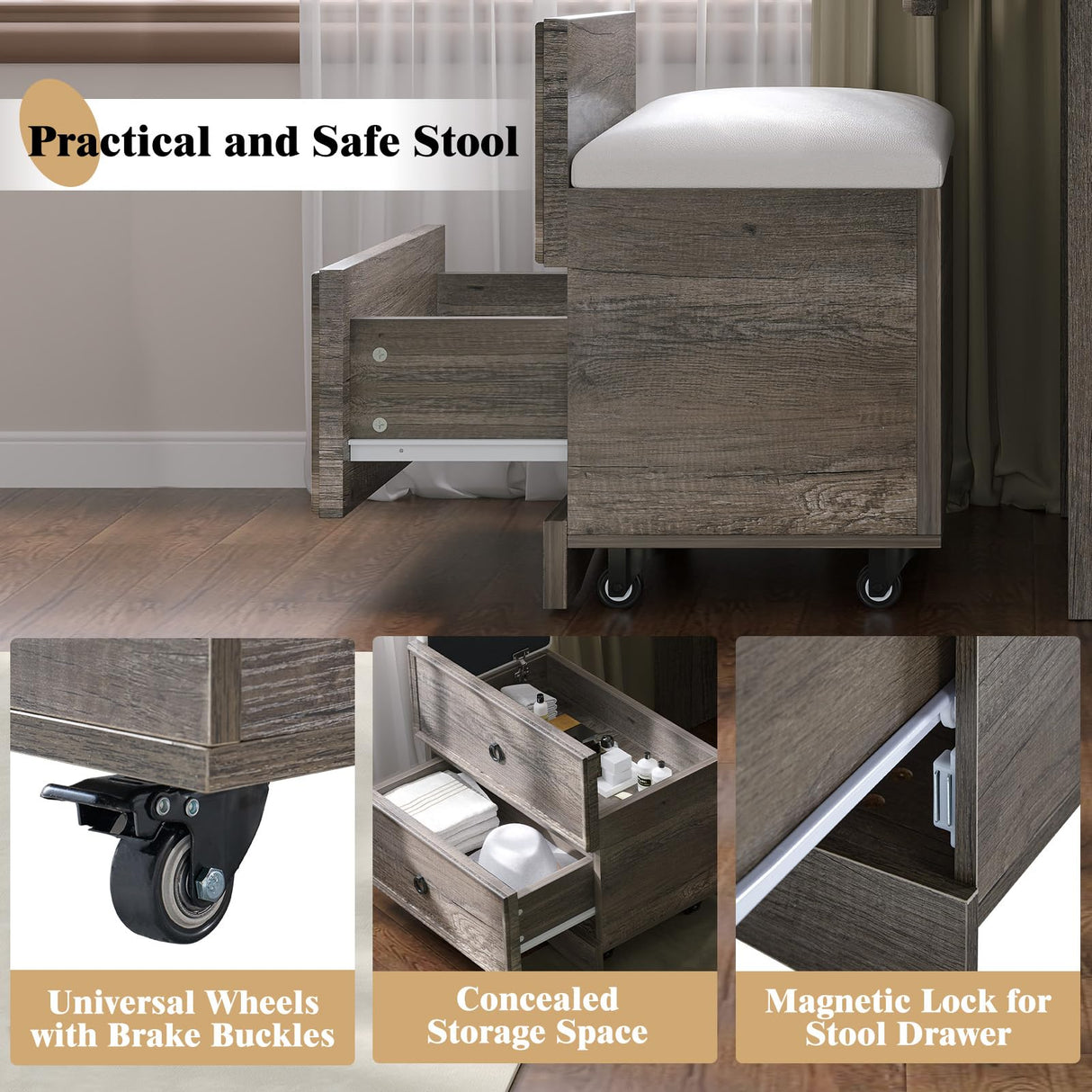 LUXOAK 3-in-1 Vanity Set with LED Lighted Flip Top Mirror, Makeup Table with Fold-Up Panel, Hidden Stool, Charging Station, Small Vanity for Bedroom & Dressing Room, Rustic Grey LUXOAK