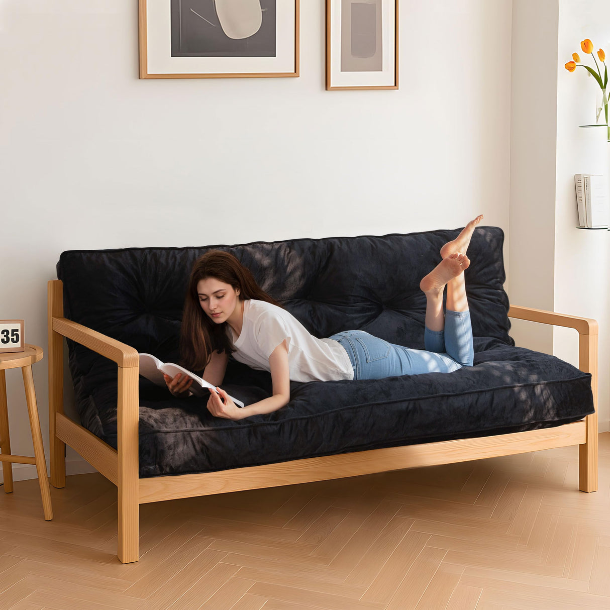 MAXYOYO 6" Futon Mattress Full Size, Velvet Thick Futons Sofa Couch Bed, Versatile Floor Mattress for Adults, Shredded Foam Filling (Frame Not Included), Black MAXYOYO