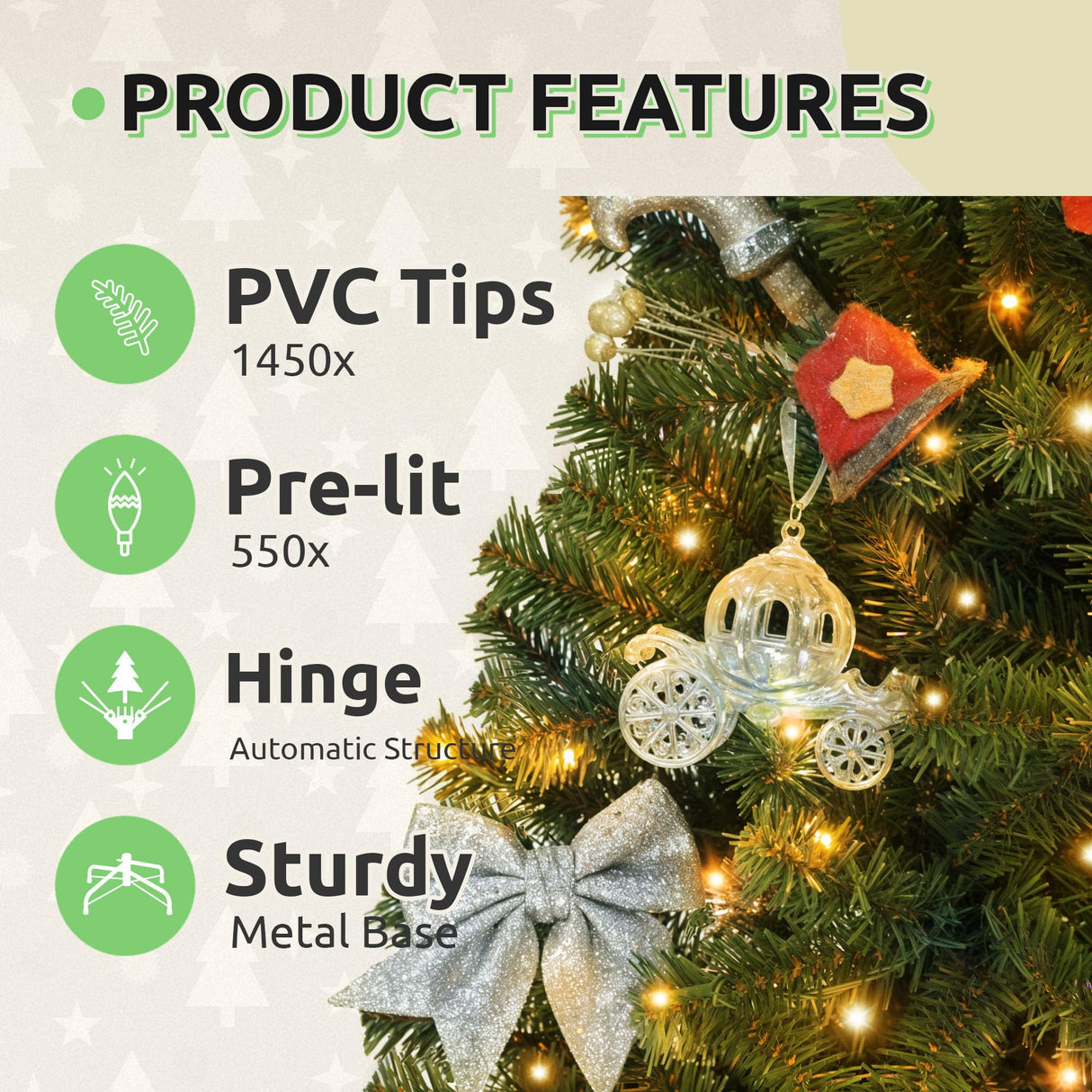 GOOBED Prelit Green Christmas Tree 7.5FT with Remote Control, Pre-Lit Green Artificial Hinged Spruce Christmas Tree with 1450 Tips, 550 LED Lights and 11 Light-Modes for Home, Party Decoration GOOBED