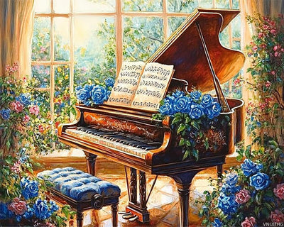 The Piano Room Covered with Blue Roses Paint by Numbers Kit for Adults Vintage Grand Piano Oil Painting on Canvas Easy to Paint With Brushes Perfect for Gift Home Decor Without Frame (16x20 inch)