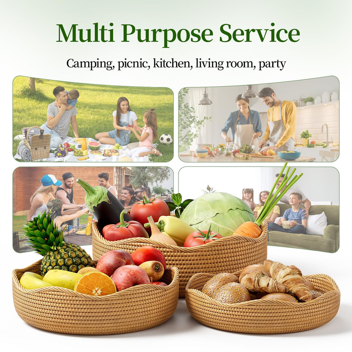 LAVNTM Rattan Bread Basket, 3 Pack Hand Woven Round Fruit Baskets for Serving, Picnic Basket, Wicker Storage for the Living Room Kitchen (Honey Brown) LAVNTM