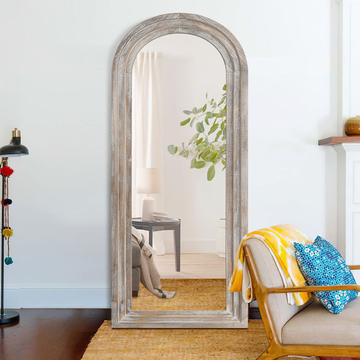 Trvone Arched Full Length Mirror Solid Wood Frame Mirror Floor Mirror with Back Hooks Vertically Hanging Wall Mirror Dressing Mirror for Bedroom Living Room (65"x22", Weathering White) Trvone