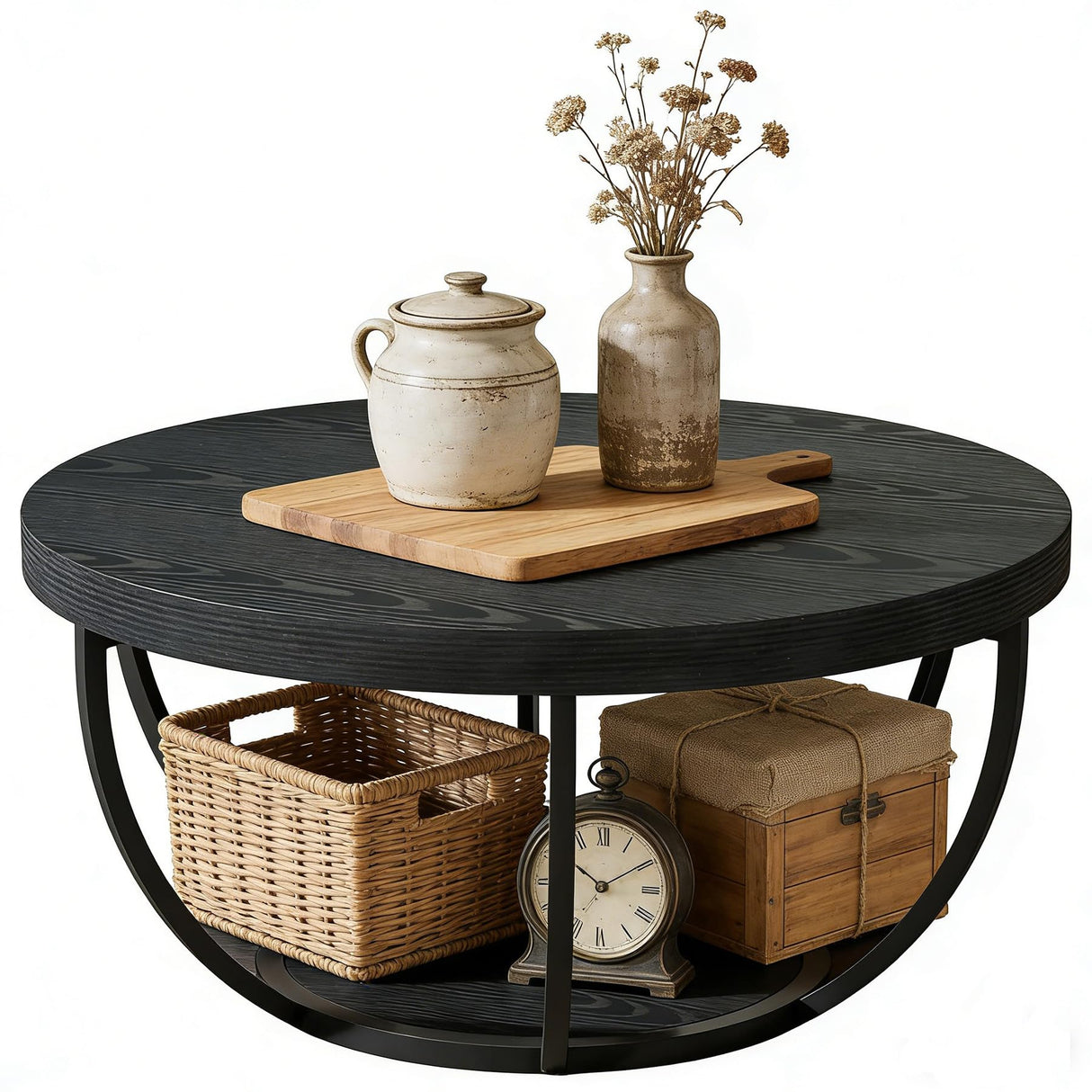 Tribesigns Round Coffee Table, Farmhouse 32" Circle Coffee Table for Living Room, Modern 2-Tier Wood Accent Center Table with Storage Open Shelves, Black Tribesigns