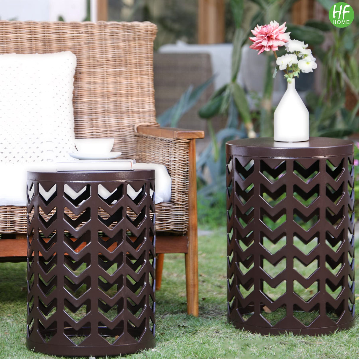 HFHOME Round Nesting Coffee Tables, Set of 3 End Tables for Living Room Balcony Office, Heavy Duty Metal Stacking Side Tables for Home Indoor - Brown HFHOME