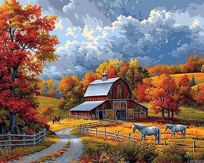DIY Barns Farms Paint by Number for Adults Beginner, Horses Paint by Numbers, Autumn Forest Paint by Numbers Kits Suitable for Thanksgiving Day Decoration Fall Artwork Without Frame 16x20 Inch